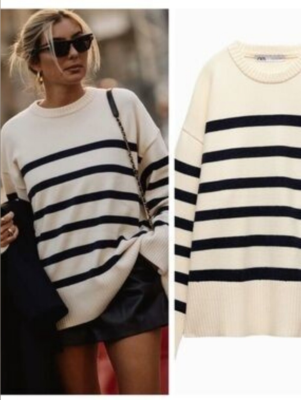NEW Zara Striped Chunky Crewneck Sweater Cream Navy S Parisian Preppy - Picture 3 of 13